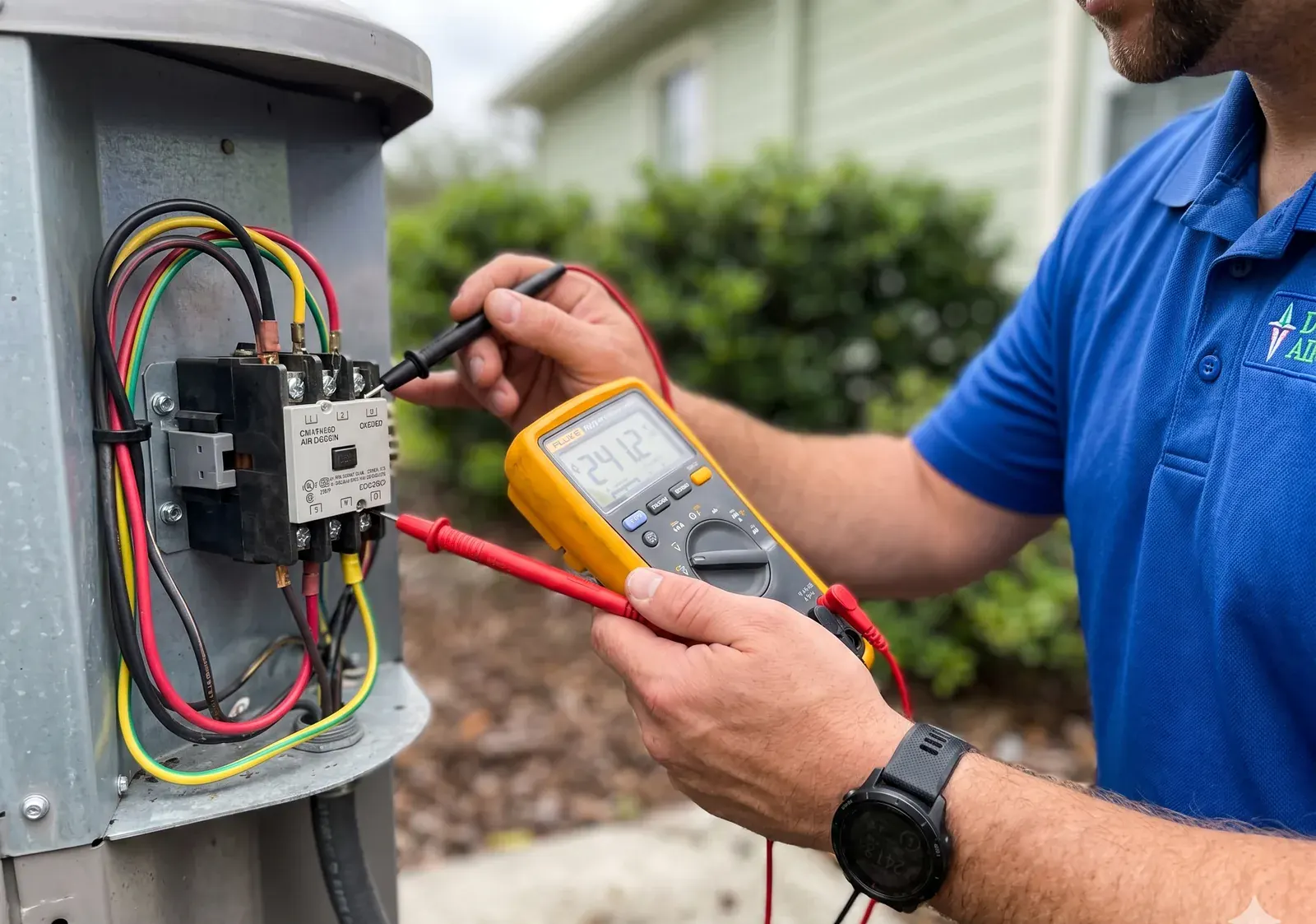 A Diamond Air Design technician testing the electrical components of an AC system