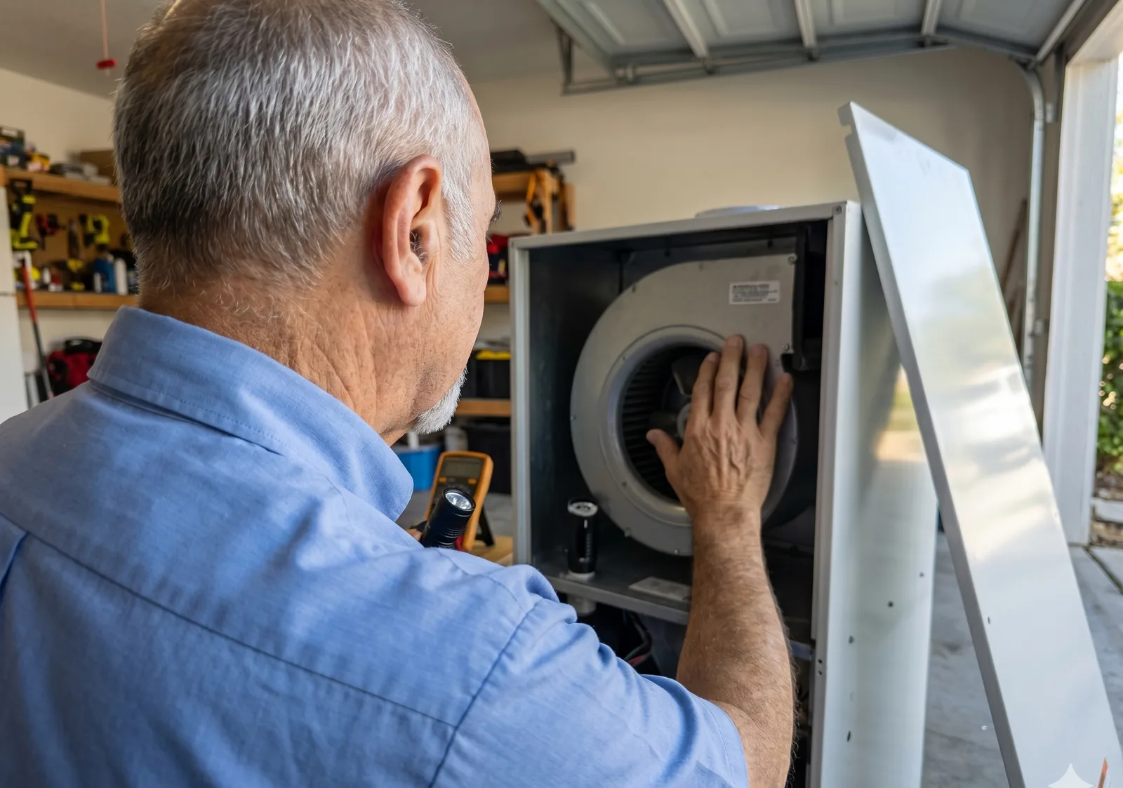 A Diamond Air Design technician inspecting an indoor air handler
